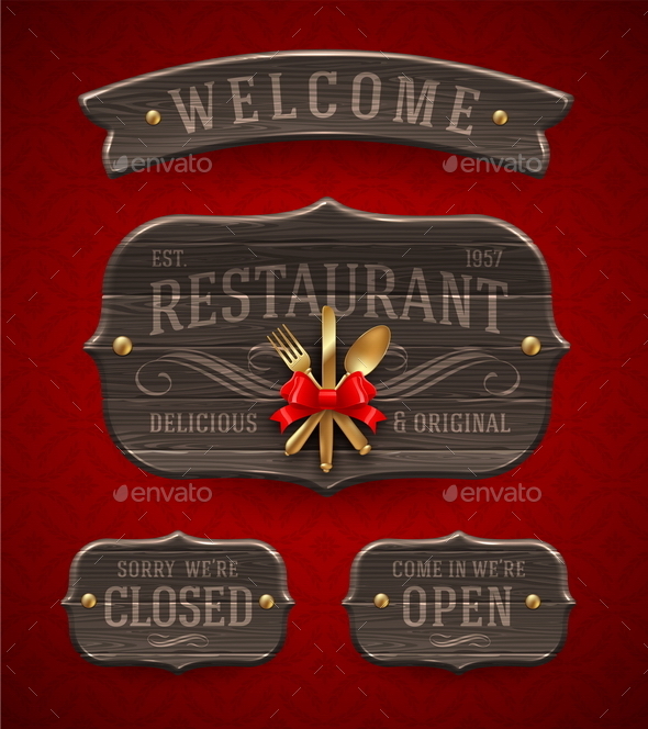 Set of Vintage Wooden Restaurant Signboards - Decorative Vectors