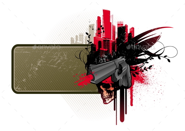 Grunge Banner Frame with Gun, Skull and Cityscape - Objects Vectors