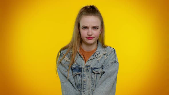 Dissatisfied Teen Girl Asking Reason of Failure Expressing Disbelief Irritation Feeling Bored alt