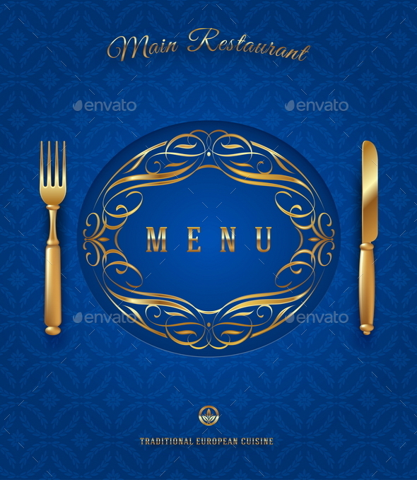 Menu with Golden Cutlery and Ornate Elements - Backgrounds Decorative