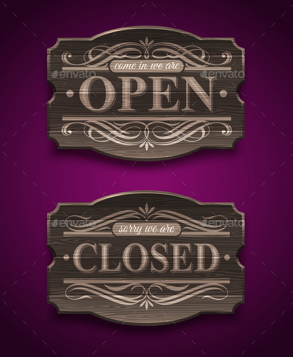 Open and Closed Wooden Ornate Vintage Signs - Decorative Symbols Decorative
