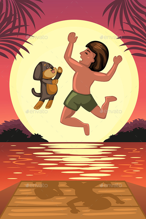 Boy and his Dog Jumping off the Dock - People Characters
