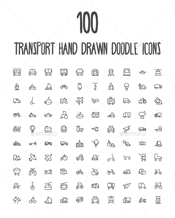 100 Transport Hand Drawn Doodle Icon - Man-made objects Objects