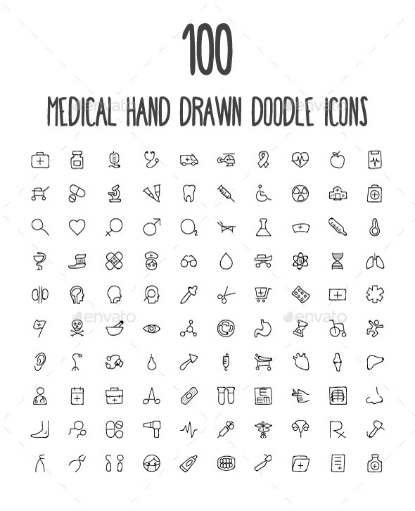 100 Medical Hand Drawn Doodle Icons - Icons