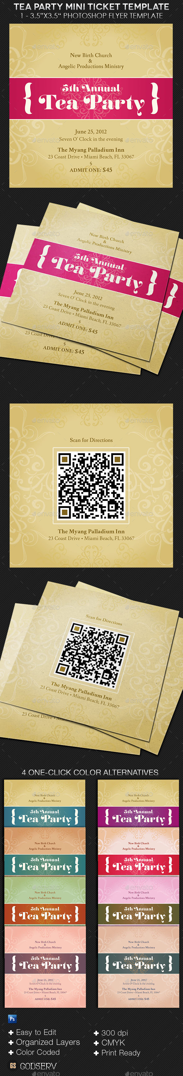 Tea Party Mini Ticket Template - Miscellaneous Print Templates
