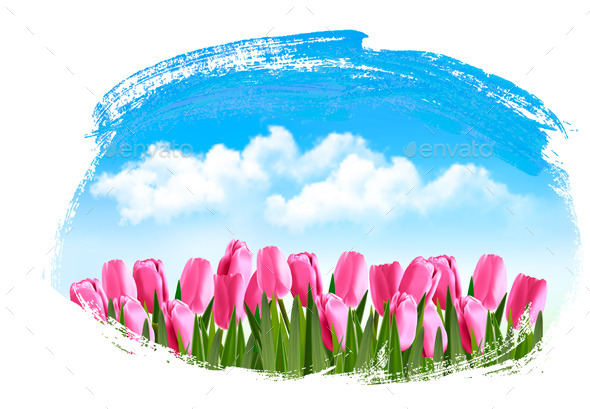 Spring Background with Pink Tulips - Seasons Nature