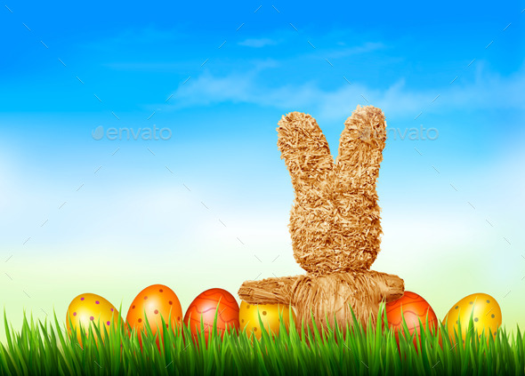Holiday Easter Background with Straw Rabbit - Miscellaneous Seasons/Holidays