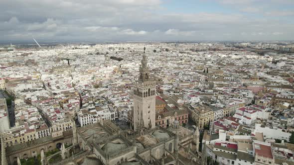 Aerial panoramic view of the city in its vastness with the cathedral. Seville. Spain