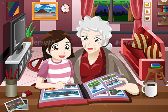 Grandma and Granddaughter Viewing Photo Album - People Characters