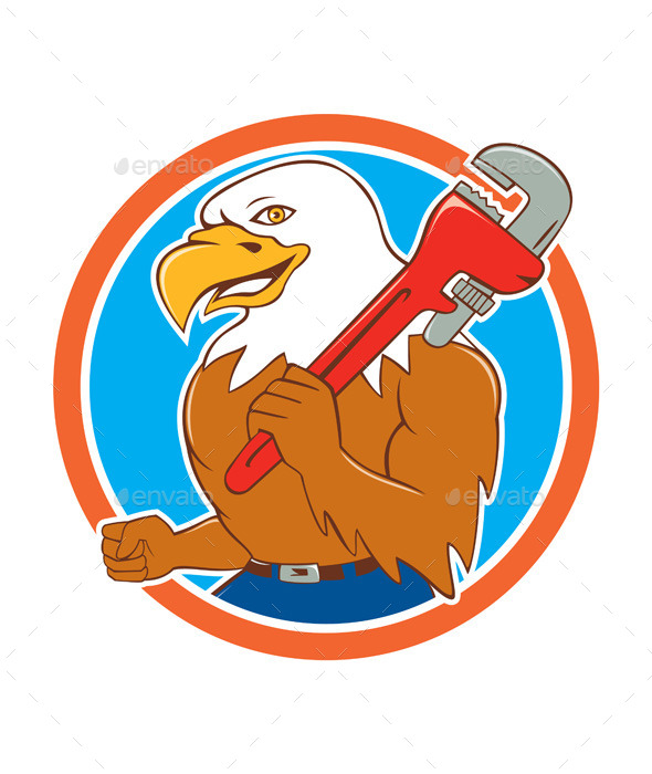 Bald Eagle Plumber Monkey Wrench Circle Cartoon - Animals Characters