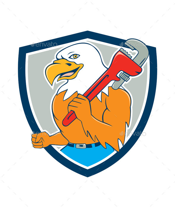 Bald Eagle Plumber Monkey Wrench Shield Cartoon - Animals Characters
