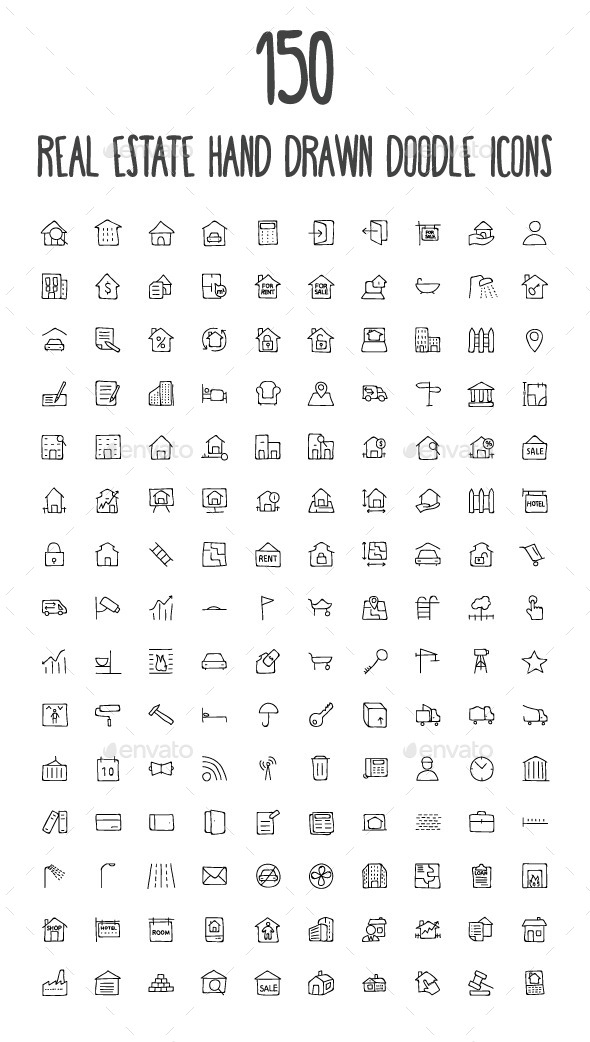 150 Real Estate Hand Drawn Doodle Icons - Business Icons
