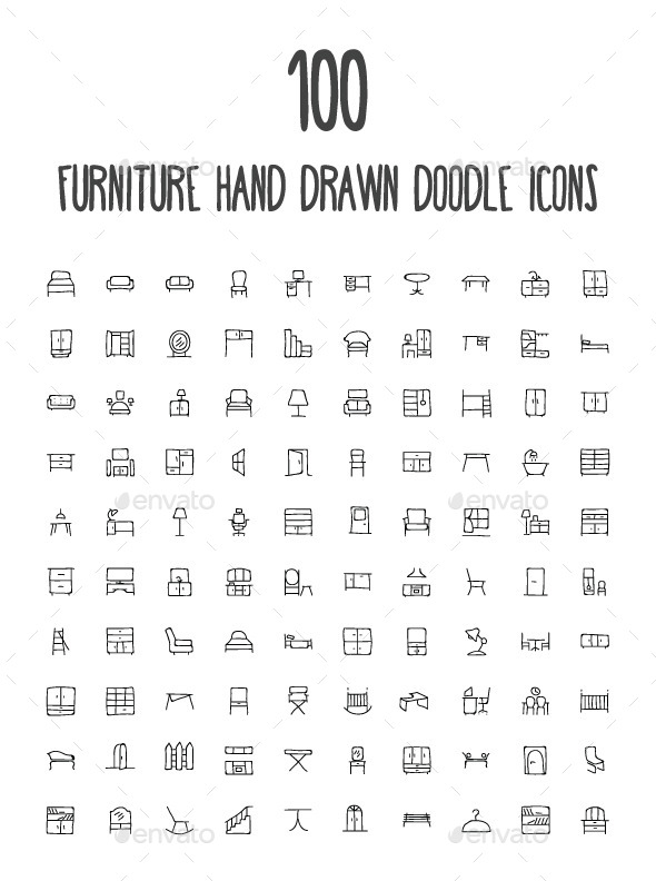 100 Furniture Hand Drawn Doodle Icon - Man-made objects Objects