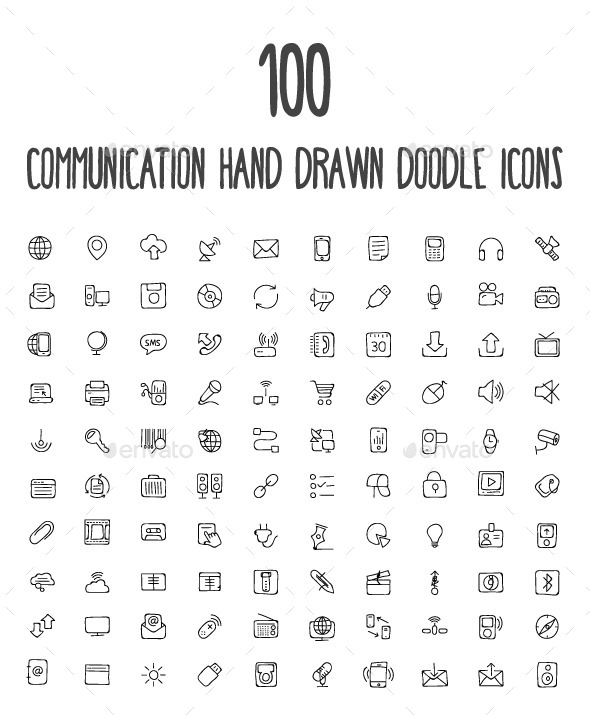 100 Communication Hand Drawn Icons - Technology Icons