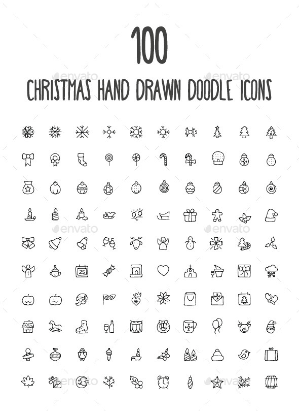 100 Christmas Hand Drawn Icons - Seasonal Icons