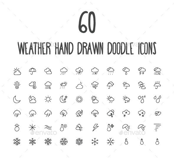 60 Weather Hand Drawn Doodle Icons - Seasonal Icons