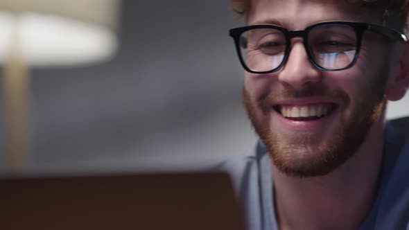 Smiling Funny Man Talking to Girlfriend Dister or Distance Teacher During Online Virtual Family Chat alt