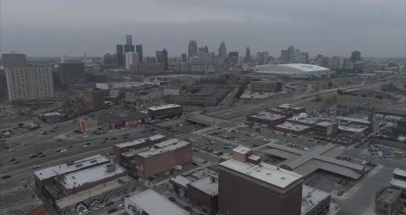 Aerial view of Detroit city landscape in the Eastern Market Detroit area. This video was filmed in 4 alt