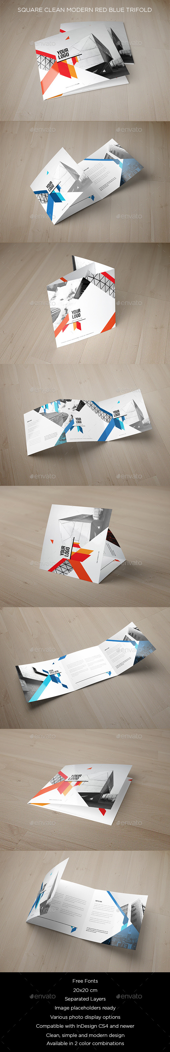 Square Clean Modern Red Blue Brochure - Brochures Print Templates