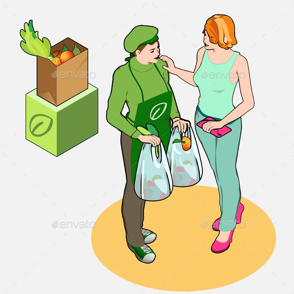 Isometric Greengrocer Shop - Owner and Customer - People Characters