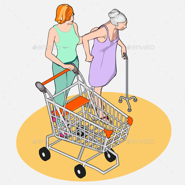 Isometric Shopping - Adult and Senior Women - People Characters