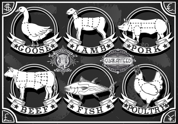 Vintage Meat Food Labels on Blackboard - Food Objects