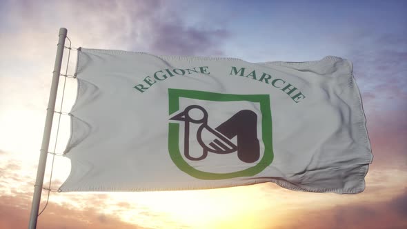 Marche Flag Italy Waving in the Wind Sky and Sun Background alt