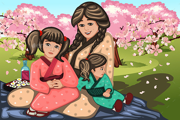 Japanese Woman and Her Children - People Characters