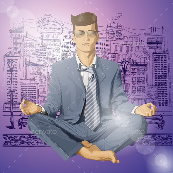 Hipster Businessman in Lotus Pose Meditating - People Characters