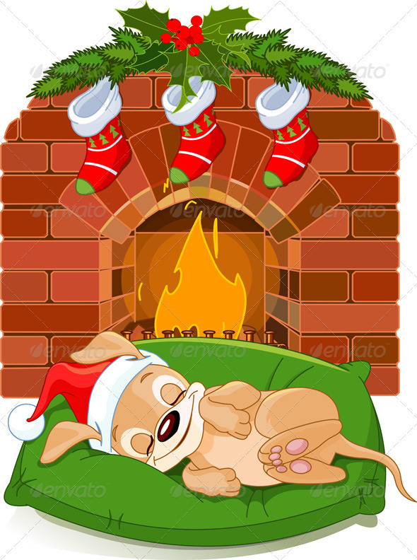 Christmas puppy near fireplace - Christmas Seasons/Holidays