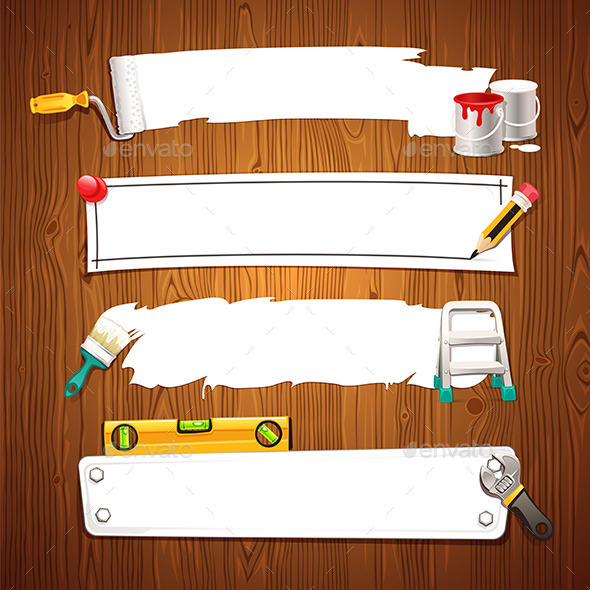 Construction Text Boxes Set on Wooden Background - Backgrounds Decorative