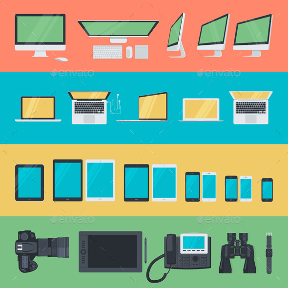 Flat Design Electronic Devices Icons - Computers Technology