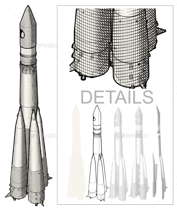 Space Rocket Engraving Style - Man-made Objects Objects