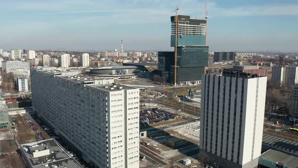 Aerial drone view of the center of Katowice, The roundabout Generała Ziętka and Superjednostka in fo alt