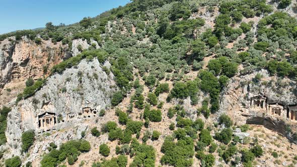 Dalyan,Mugla. Turkey. Shooting of Dalyan Rock Tombs with drone. Kaunos ancient city aerial view. alt