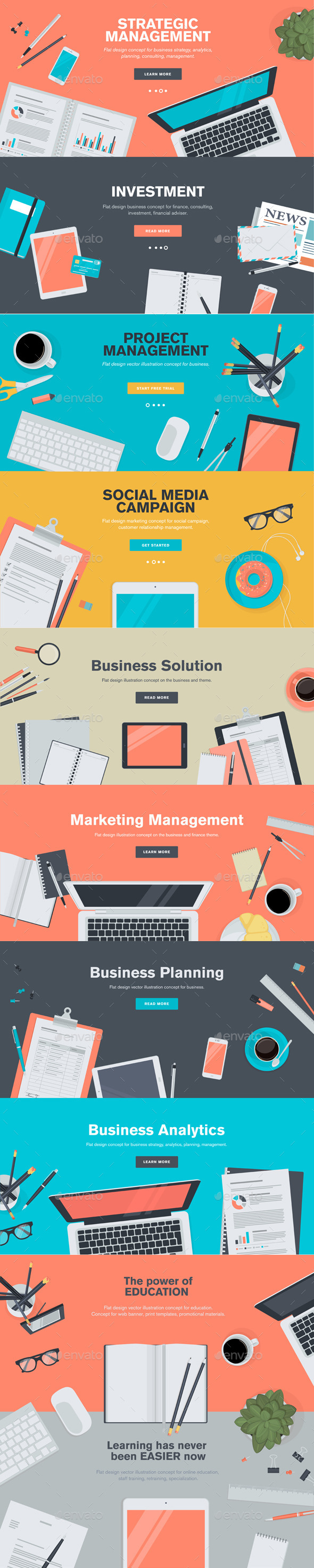 Set of Flat Design Workspace Banners - Business Conceptual