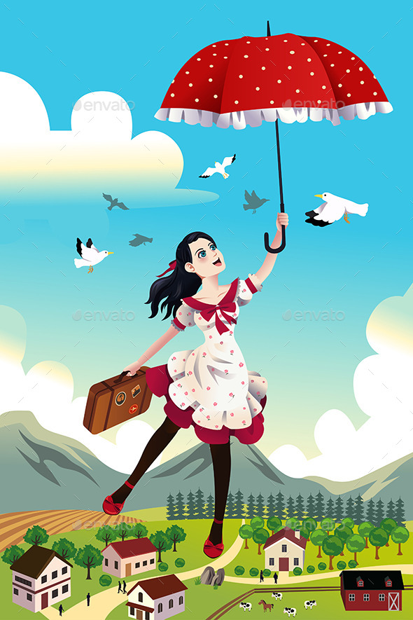 Woman Holding an Umbrella Flying in the Air - Conceptual Vectors