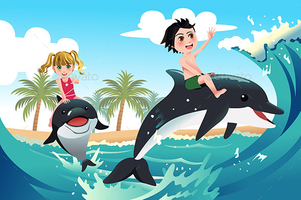 Children Playing with Dolphins - Conceptual Vectors