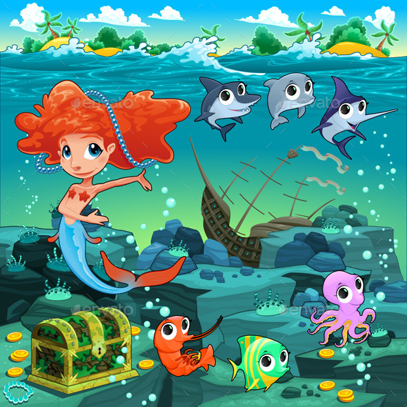 Mermaid with Sea Animals - Animals Characters