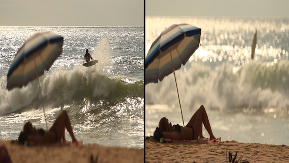 Hot Woman and Surfers at the Beach - 2 Shots