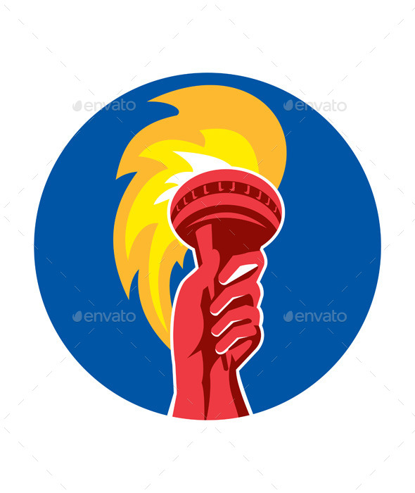 Hand Holding Burning Flaming Torch Circle Retro - Sports/Activity Conceptual