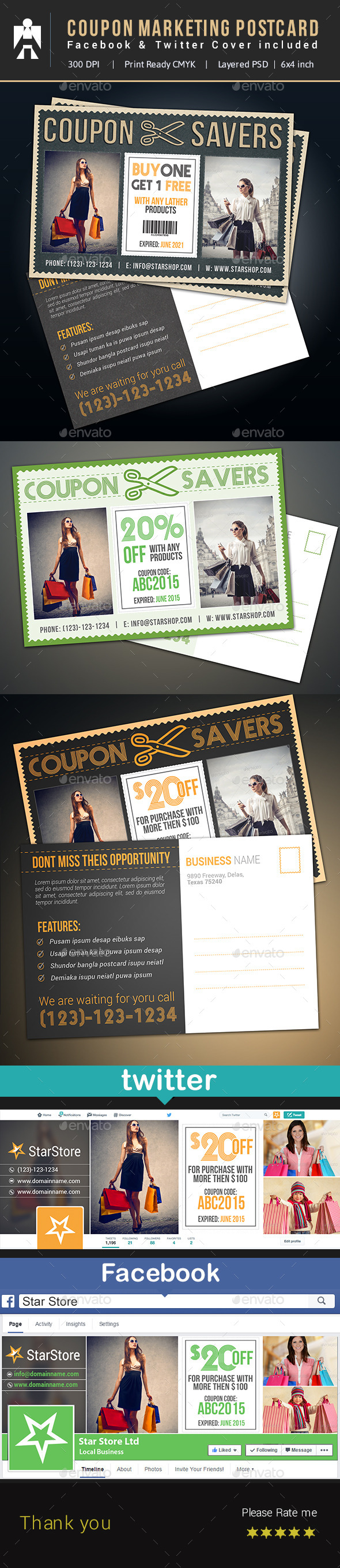 Coupon Postcard, Facebook & Twitter - Cards & Invites Print Templates