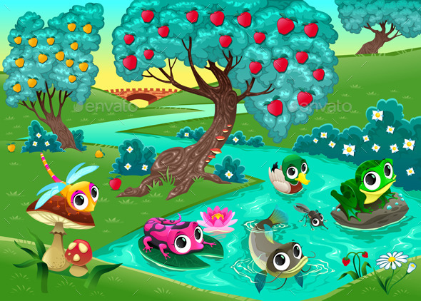 Animals on a River in the Woods - Animals Characters