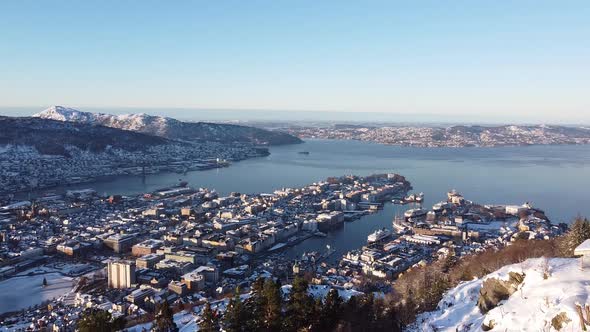 Aerial shot from Snow covered mountain walkway through Beautiful Bergen Background alt