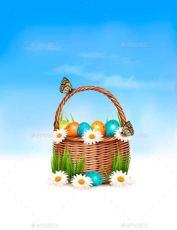 Happy Easter Background Basket with Eggs - Seasons/Holidays Conceptual