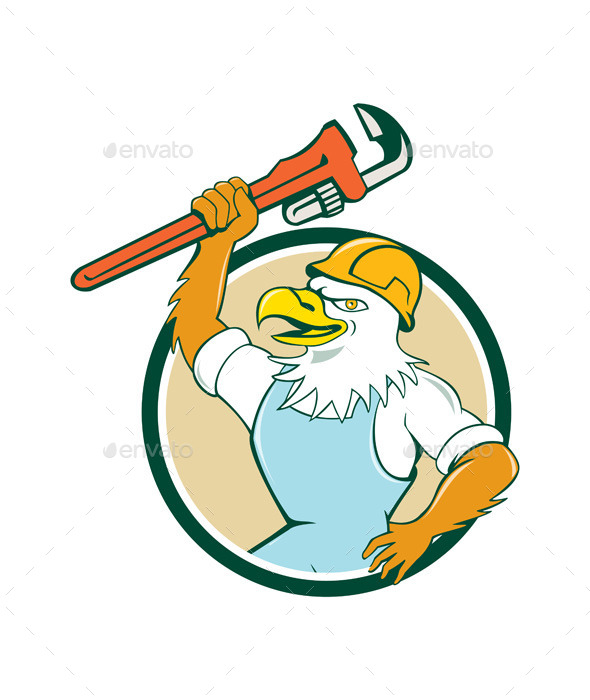 Bald Eagle Plumber Wrench Circle Cartoon - Animals Characters