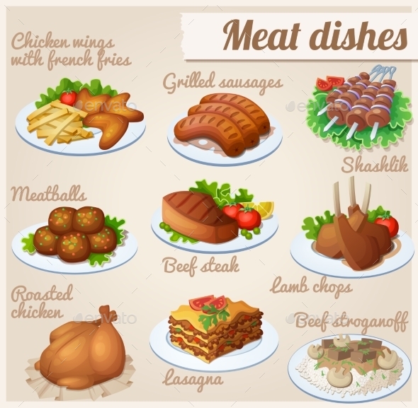 Set of Food Icons. Meat Dishes. - Food Objects