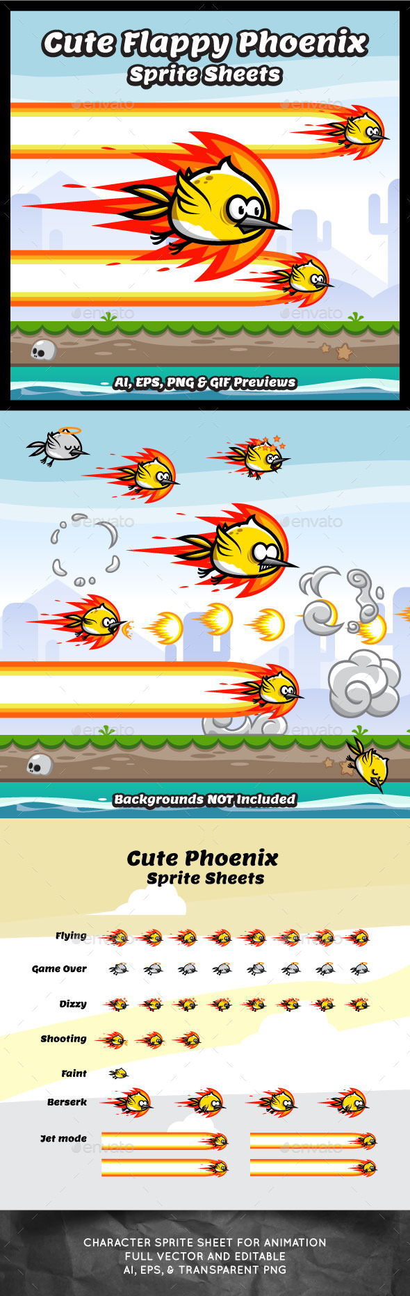 Flappy Cute Phoenix Sprite Sheets Game Character - Sprites Game Assets