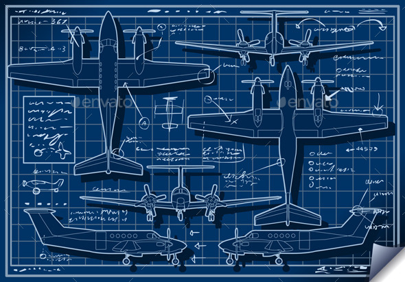 Infographic Airplane Blue Print Project - Man-made Objects Objects