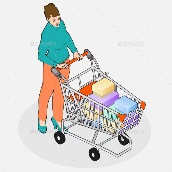 Isometric Walking Woman with Empty Shopping Cart - People Characters